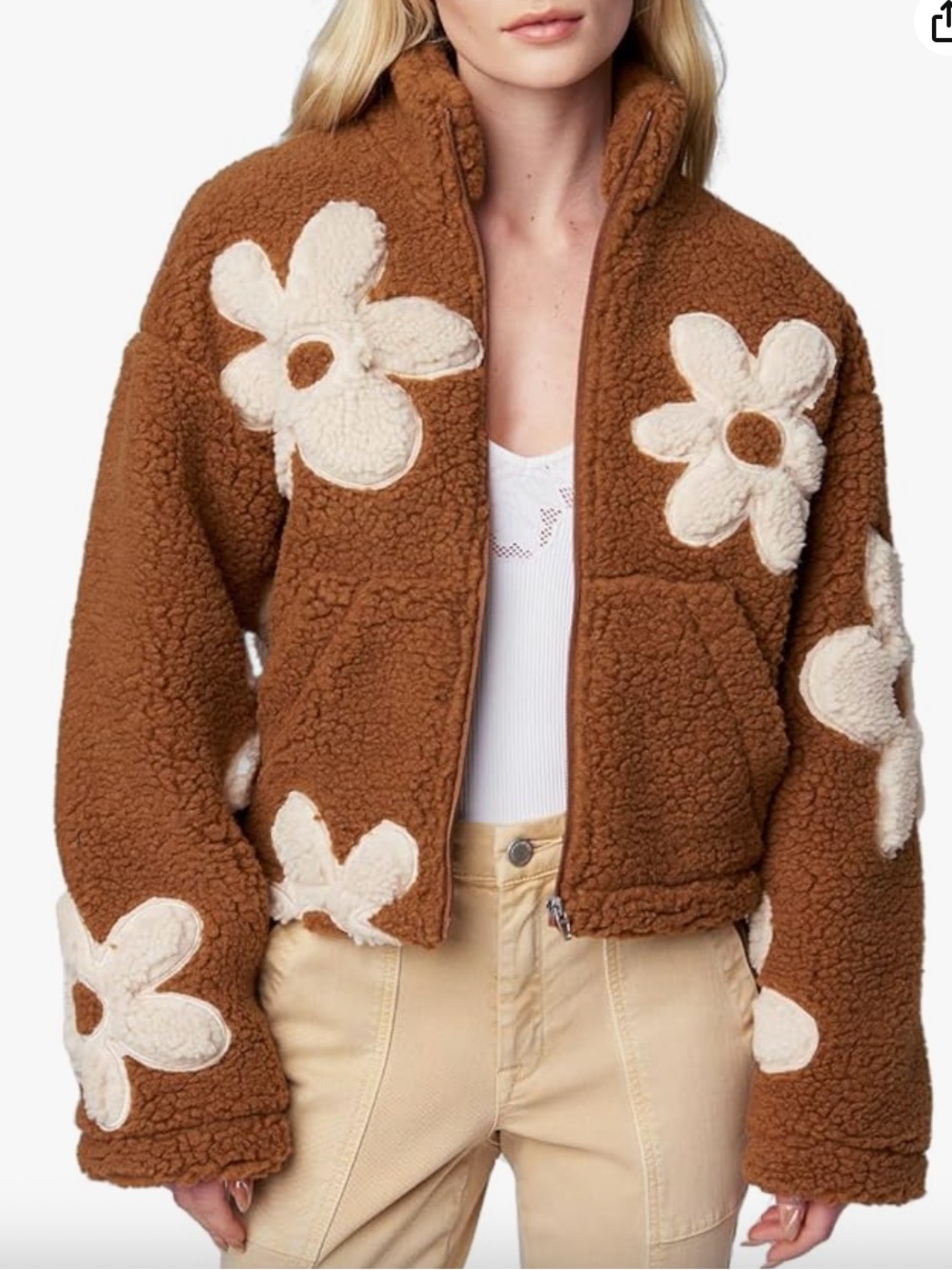 Cozy Floral Teddy Jacket - Brown/Cream